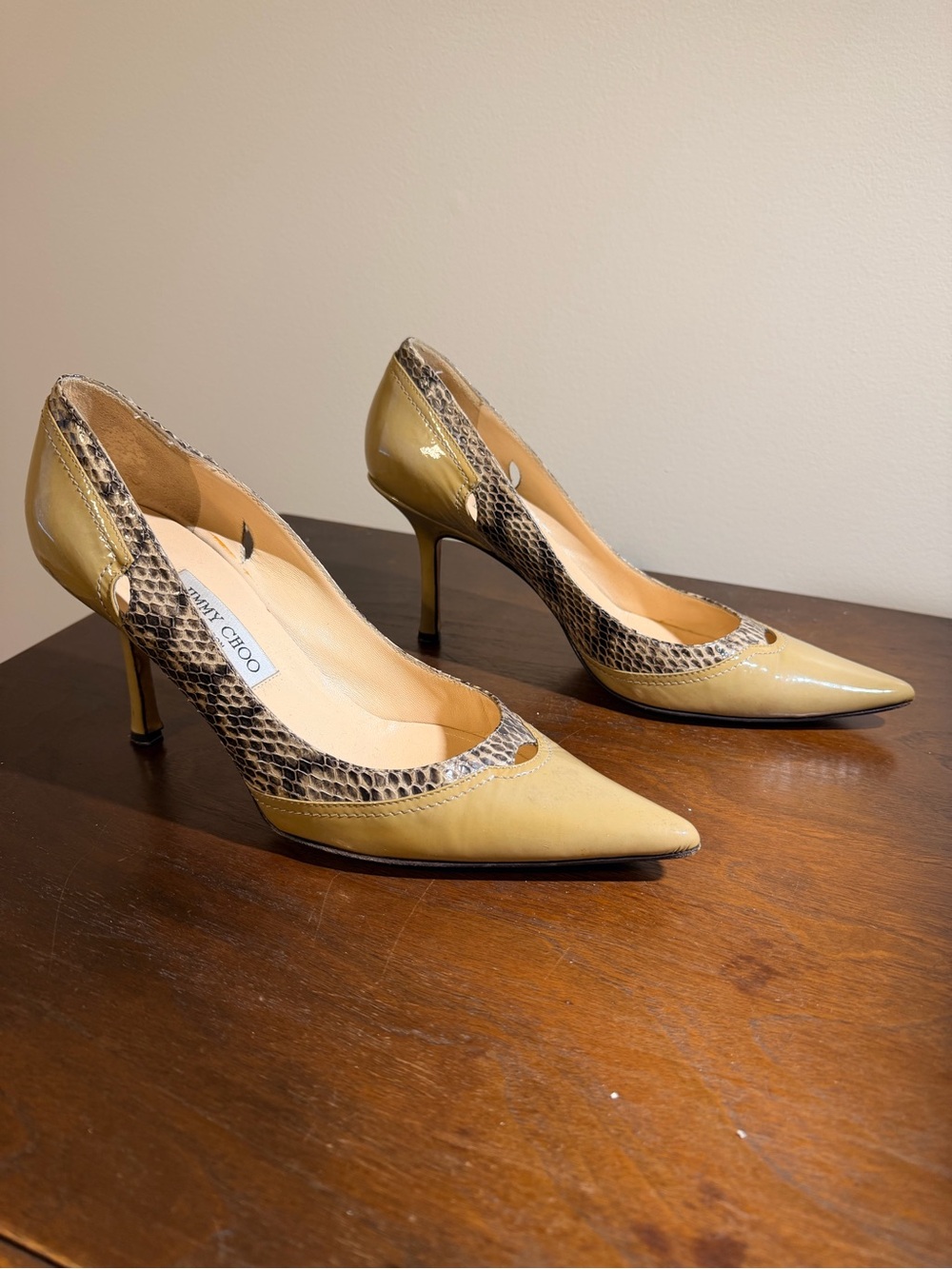 Jimmy Choo Beige Patent Leather and Snakeskin Pointed Pumps - Size 40 1/2